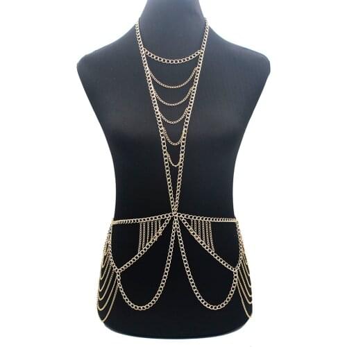 New Sexy Punk Multilayer Gold Long Tassel Body Chain Necklace Fashion Women Bikini Harness Beach Jewelry BY219