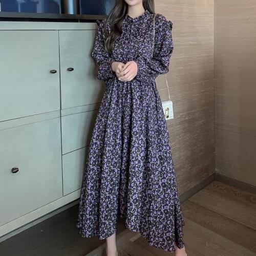 Women Dress Korean French Retro Printed Floral Dress 2020 Autumn Slim Long-sleeved Elastic Waist Bottoming Midi Long Dresses