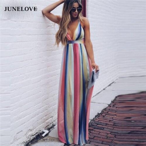 Boho Deep V neck Sexy Color Striped Chiffon Maxi shirt Dress Women Summer Backless Strap Beach shirt Dress Streetwear Vestidos