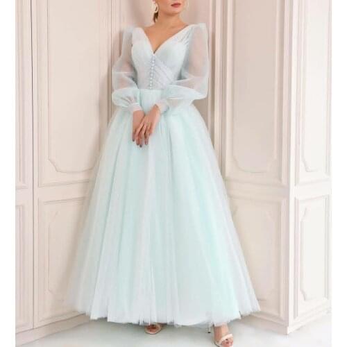 Vintage Baby Blue V-Neck Pleated Evening Dresses A-Line Long Sleeved Floor Length Corset Back Tulle Formal Party Dress for Women