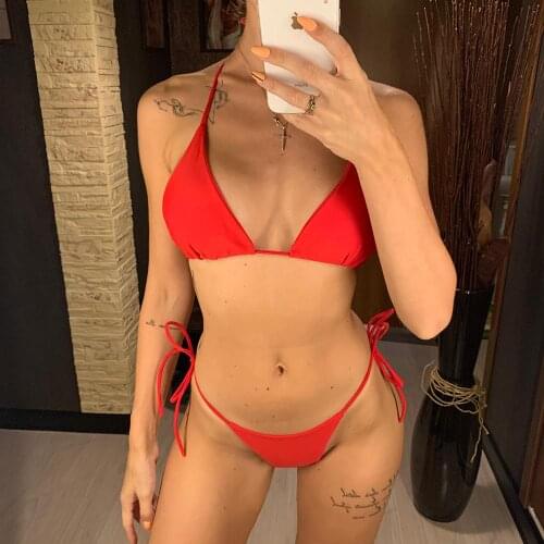 2021 Sexy 6 Colors Halter Bikini Set Female Plain Brazilian Swimsuit Women Two-pieces Thong Swimwear Bather Bathing Suit