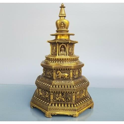 37CM Large Asia Buddhism Worship Temple family home Safety Health wealth Tibet India brass Buddha Pagoda tower talisman