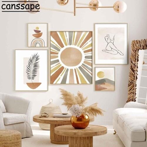 Boho Wall Art Canvas Posters Abstract Scenery Poster Leaves Print Sun Painting Girl Nades Prints Living Room Home Decoration