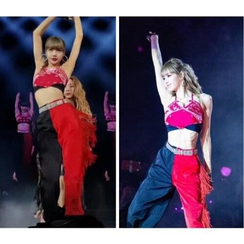 Kpop Korean Celebrity Stage Show Lady Red Sexy Tassel High Waist hip Hop Pants Women Streetwear loose Patchwork Casual Trousers