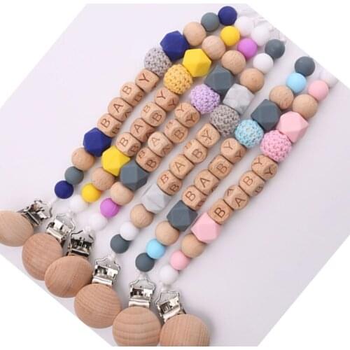 Personalized Name Beech Wood Chew Beads Baby Pacifier Clips Dummy Chain Holder Soother Chains Baby Teething Toy Baby Shower Gift