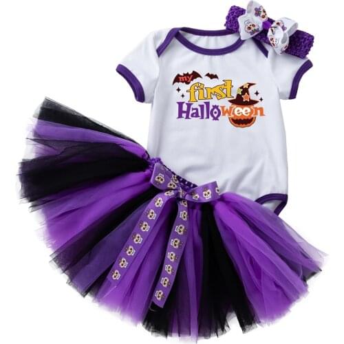 Toddler Baby Girls Halloween Romper + Mesh Skirt + Bow Headband, Cartoon Pumpkin Pattern Festival Spring Clothing