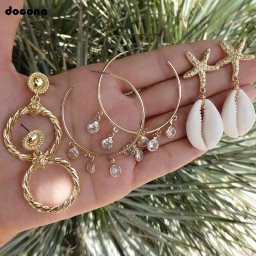 Docona Punk Star Shell Crystal Drop Dangle Earring for Women Abstract Geometric Pendant Earring Set 3pair/set Brincos 8975