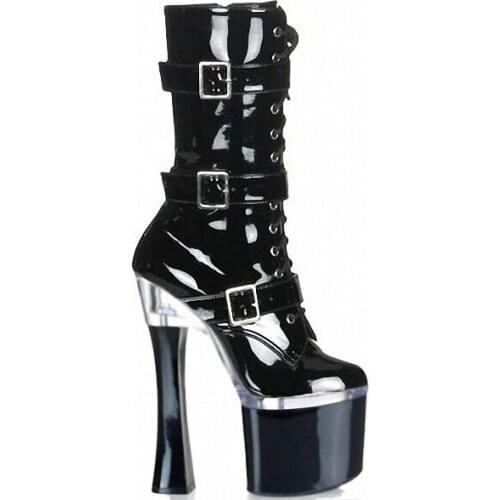 Gothic Punk Women Faux Leather Short Boots Black Shiny Buckle Lace-up High Heels Boots Sexy Motorcycle Ankle Boots Dancing Wear