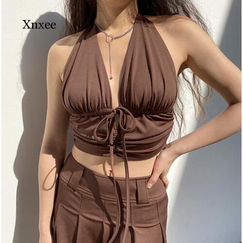 Coffe V Neck Backless Sexy Halter Top Summer Y2K Ruched Cropped Milkmaid Tops Tees Tie Up Fashion Tank Top 90S Streetwear Dress