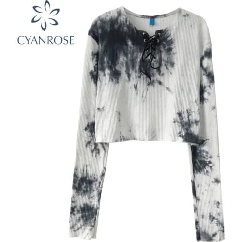 Tie Dye Knit Rib Crop T Shirt 2021 Summer E-Girl High Street Tide Long Sleeve Lace up Crewneck Harajuku Tees Retro Club Ins Tops