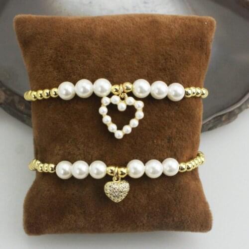 10pcs/lot Fashion bracelet,cute heart shape cubic zircon with pearl/copper beads bracelet,handmade bracelet wholesale