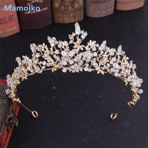 Mamojko New Handmade Rhinestone Beads Bridal Tiara Crown Crystal Diadem Veil Tiaras Wedding Hair Accessories Headpiece