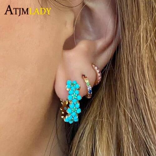 2021 Spring New Geometric Blue Turquoises Stone Flower Circle Hoop Earring Gold Color Simple Classic fashion women jewelry