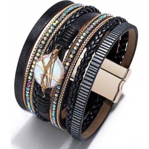 New Genuine Leather Bracelets For Women 2020 Bohemian Boho Crystal Metal Charm Multilayer Wide Wrap Bracelet Female Jewelry