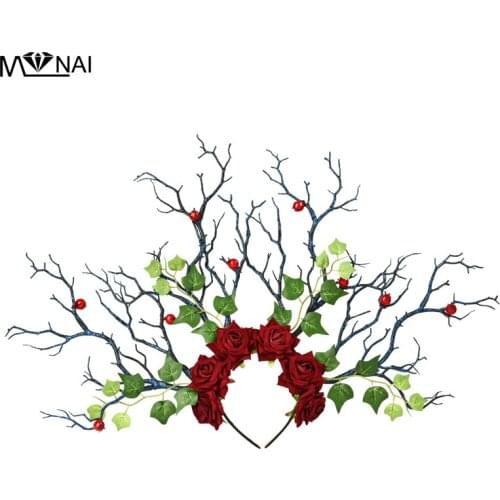 Long Antlers Tree Branches Horns Hair Headband Cosplay Party Fancy Dress Roses Leaves Berry Fruit Headpiece Handmade Gothic