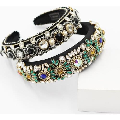 Retro Baroque Full Rhinestone Headband Women Thickened Sponge Colored man-made Diamonds Beautiful Wide-Brim Bangs Hair Accessory