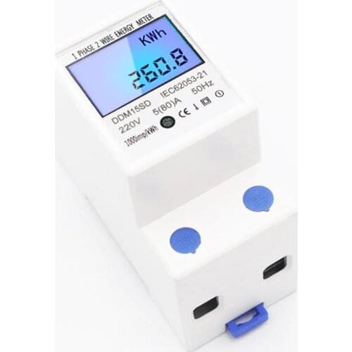 Single Phase 2Wires Din Rail 5(80A) Energy Meter Electric Meter Monitor DDM15SD with LCD Backlight NO-RESET-FUNCTION