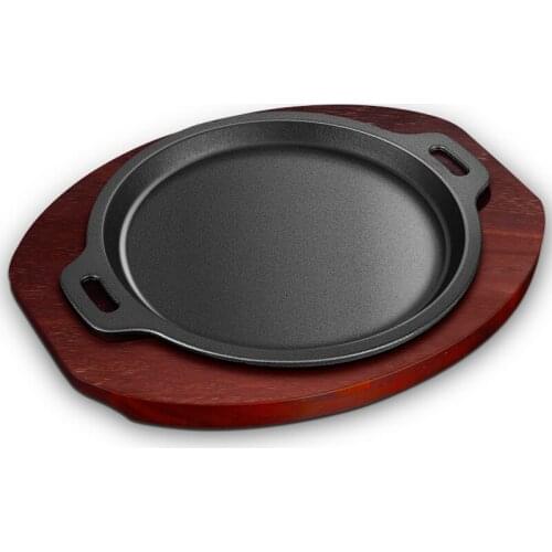 Thickened cast iron plate BBQ fried steak electromagnetic oven commercial household round barbecue grill pan wooden tray