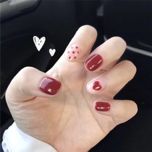 Japanese red and white hit pue color with wave point and heart cartoon pattern fake nails Bride false nails short full nail tips
