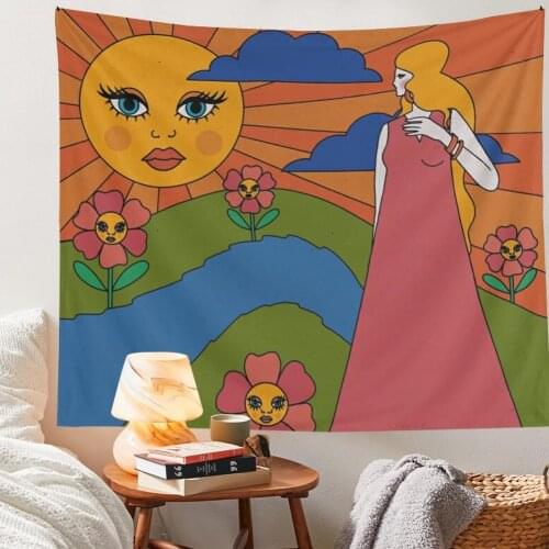 Mysterious Sun girl Flowers Tapestry Wall Hanging Fabric Home Bedroom Decoration Vintage Hippie Background Cloth Wall Covering