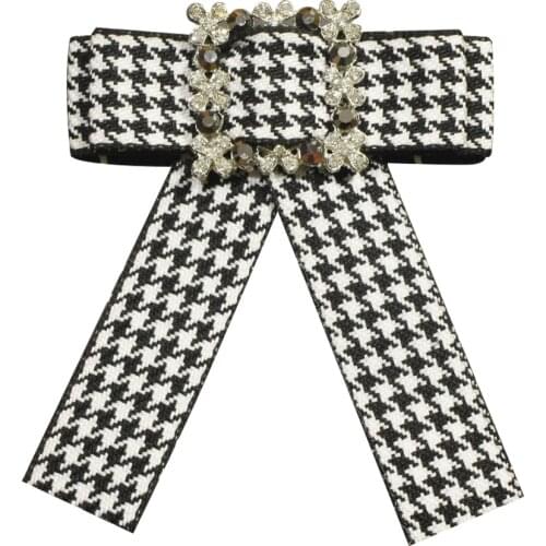 Korean Vintage Fabric Houndstooth Bow Brooch Lapel Pin Necktie Ribbon Brooches Jewelry Luxury Broche Gifts for Women Accessories