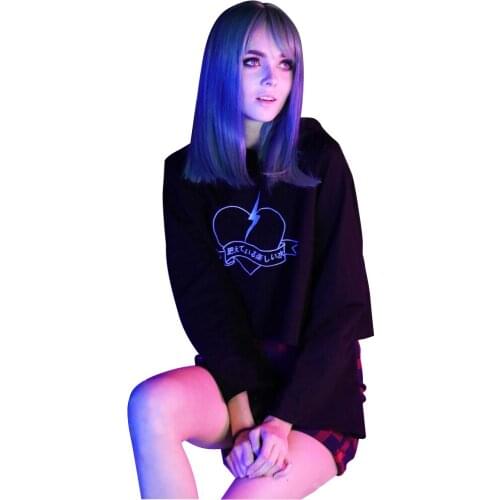 Punk Womens T-shirts Dark Embroidered Japanese Top Tees Love Hooded Loose Long Sleeve Horned Devil T-shirts