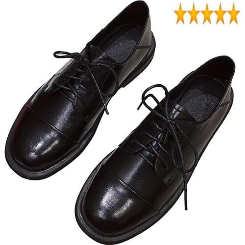 Retro Preppy Style Lace British Up Womens Square Heel Flat Fashion Bullock Round Toe Street Female Casual Leather Shoes