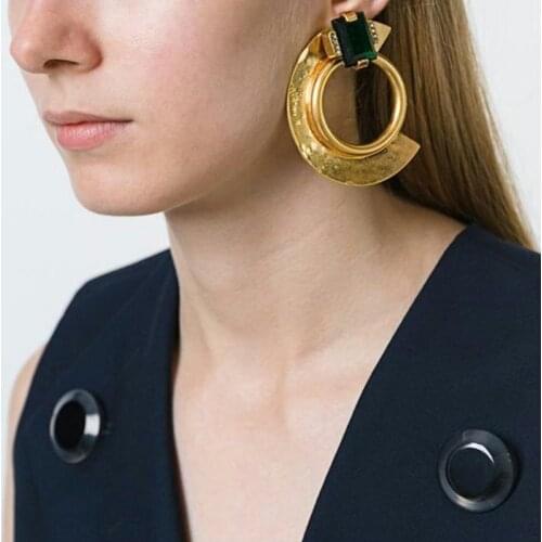 2021 New ZA Earrings Women Vintage Statement Drop Earrings Female Fashion Beach Jewelry Half Circle Metal Crystal Earrings Punk