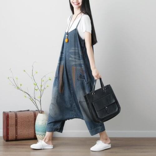 Casual Drop Crotch Jumpsuits Women Plus Size Baggy Cross Rompers pants Washed Print denim Overalls Hip-Hop harem jeans YT224