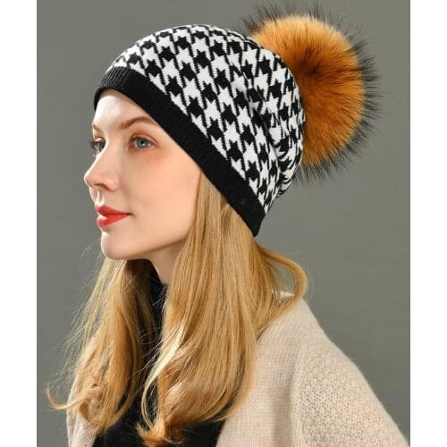 Women Winter Hats Plaid Wool Beanie Real Big Fur Hat Warm Thick Knit Bonnets Fashion Female