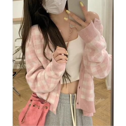 Plaid Knitted Cardigan Women Jacket 2021 Autumn Korean Fashion Clothing Elegant Design Outdoor Y2k Sweater Coat Office Lady Chic