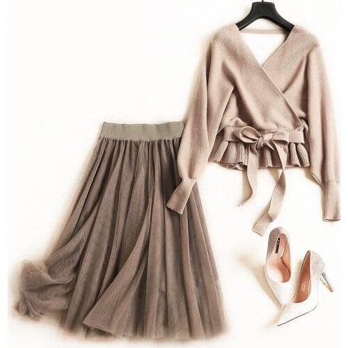 Women winter sweater top loose style V-neck batwing sleeve pullovers + mesh skirt suit elegant two piece set coffee khaki 2019