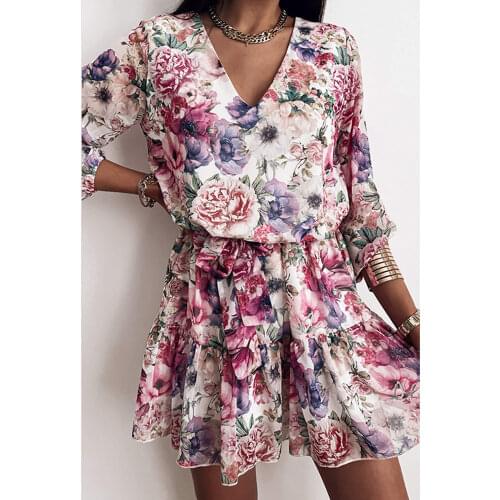 Summer V Neck Ruffle Floral Dress Women Butterfly Sleeve Flower Print A Line Dress 2021 New Casual Short Holiday Sundress Boho