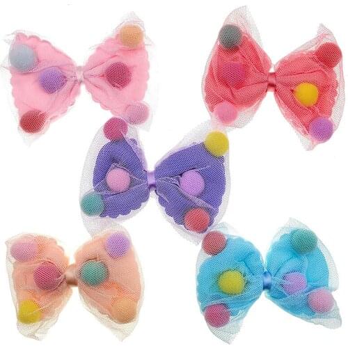 12pcs/lot Mesh pompom ball bowknnot appliques for children hair clip accessories