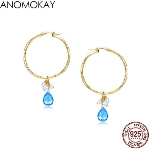 Anomokay Classic Luxury Pearl Blue Crystal Round Gold Color Earring for Party 100% Sterling 925 Silver Palace Drop Earrings Gift