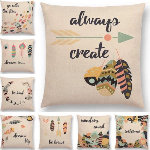 Feather Pattern Decorative Letters Cushion Cover Beautiful Word Be Brave Kind Dream Home Decor Sofa Throw Pillow Case