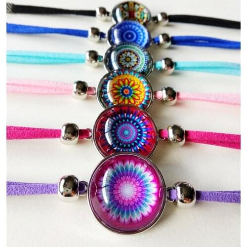 Jiangzimei 24pcs Mandala Bandana Cashew Rose flowers Peacock feather Glass Leather Bracelets Bangle for Girls Female party gift
