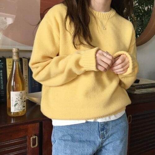 JSXDHK Korean Designer Autumn Winter Thickend Warm Mohair Sweater Chic Fashion Women Yellow Knitting Long Sleeve Loose Pullovers