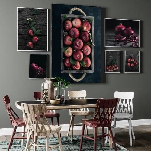 Classical Canvas Painting Black Background Red Fruits Tomato Pomegranate Apple Posters and Prints Art Food Pictures for Kitchen
