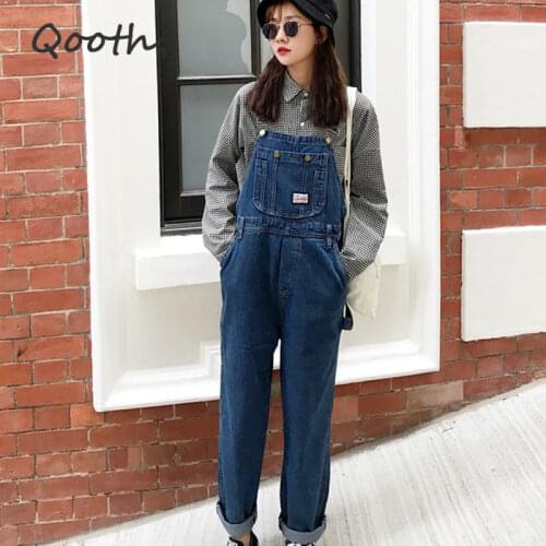 Qooth Vintage High Waist Jeans Overalls Women Big Pockets Denim Romper Ladies Wide Leg Harem Jumpsuits Capri Jeans QH2280