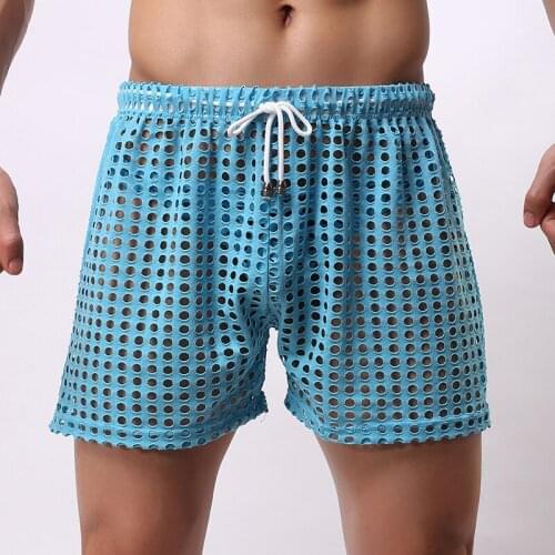 Mens Sleepwear Shorts Big Mesh Honeycomb Net Mens Home Pajamas Shorts Sexy Nylon Sleep Bottom Mens Sheer Pajamas New