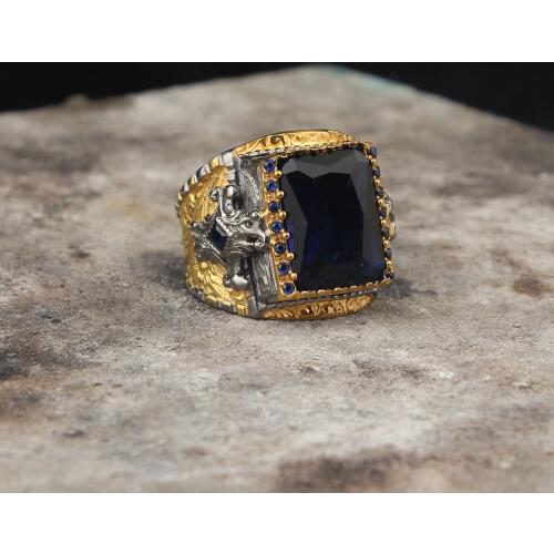 925 Sterling Silver Blue Zircon GemStone Men Silver Ring, Vintage Silver Ring For Men, Handmade Engraved Mens Ring