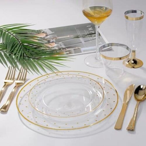High Quality Disposable Plastic Tableware Gold Plate Set 25 People Knife Fork Spoon Cup And Plate