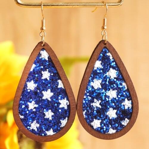 2021 New Fourth of July Flag Sequins Star Red White and Blue Glitter Independence Day Wood Leather Drop Earrings for Women