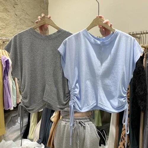 Solid Cotton T Shirts Brand Niche Design Side Shirring Sleeveless Crop Tops 2021Korean Casual Women O-neck Plus Size Summer Tees