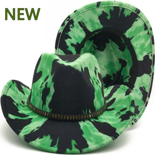 Green cowboy top hat curly western wool hat womens fedora hat imitation felt hat autumn winter outdoor riding hat Panama hat