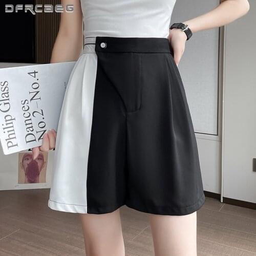 Black White Patchwork Summer Women Shorts Wide Leg 2021 High Waist Bermuda Knee Length Casual Short Pants Femme