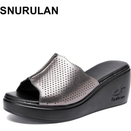 SNURULANwoman platform thongs 2020 new summer women real leather slipper high heel shoes women slippers big size
