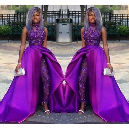 Modern Jumpsuits Prom Dresses With Detachable Train High Neck Lace Appliqued Bead Purple African Women Party Evening Pant Suit