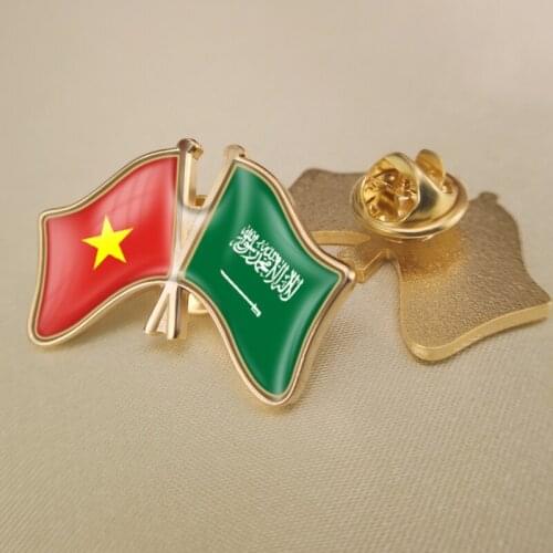Vietnam and Saudi Arabia Crossed Double Friendship Flags Lapel Pins Brooch Badges